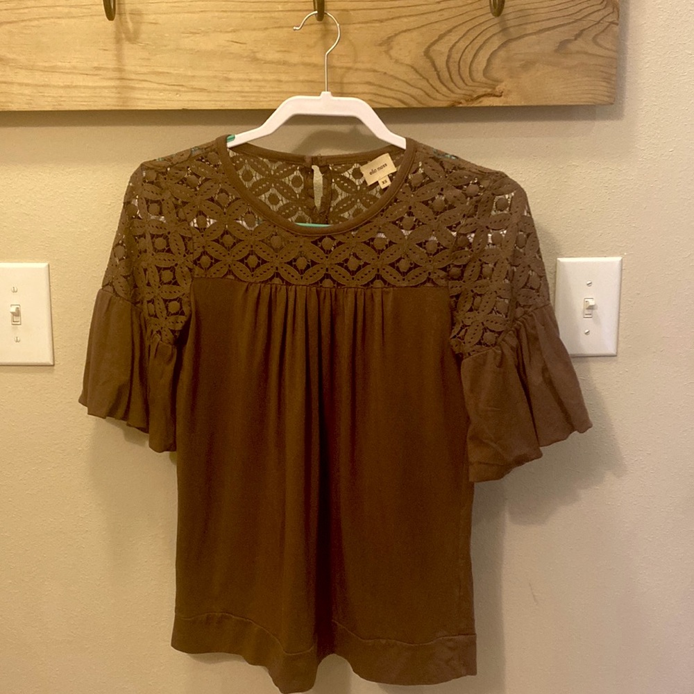 Ella Moss brown cotton and lace bubble sleeve blouse! Size XS!!